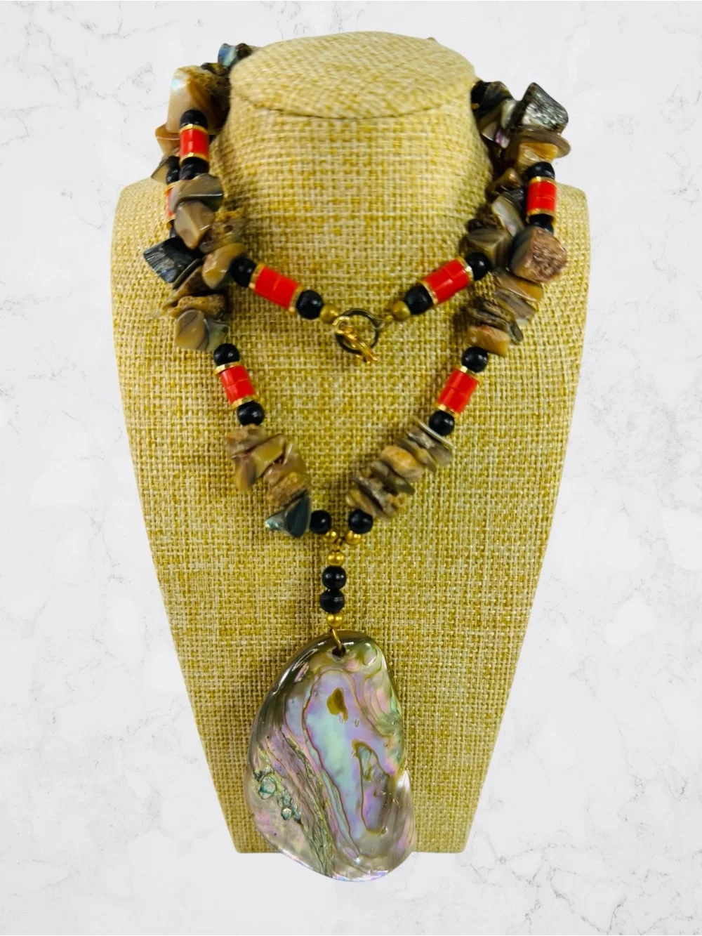 Boho Natural Abalone Shell MOP Statement Necklace Iridescent Chip Beaded 19”